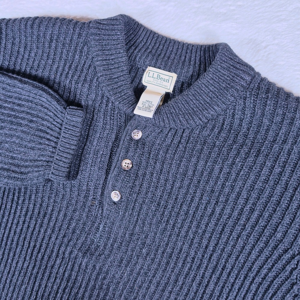 L.L. Bean Henley Mens XXL-Tall Grey Ribbed Chunky Knit Button Fisherman Sweater
